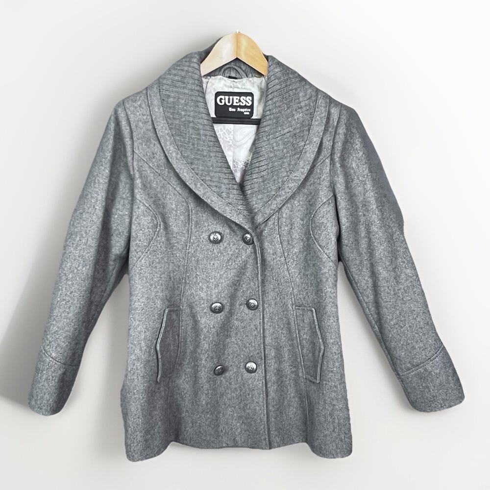 Guess Wool Coat Women’s Sz L Gray Double Breasted Knit Collar Winter Classic